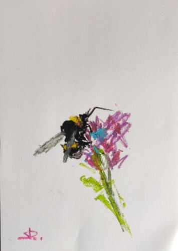 Bumble Bee Flower Original Oil Pastel Drawing 12X8" VIVEK MANDALIA Collectible  - Afbeelding 1 van 2