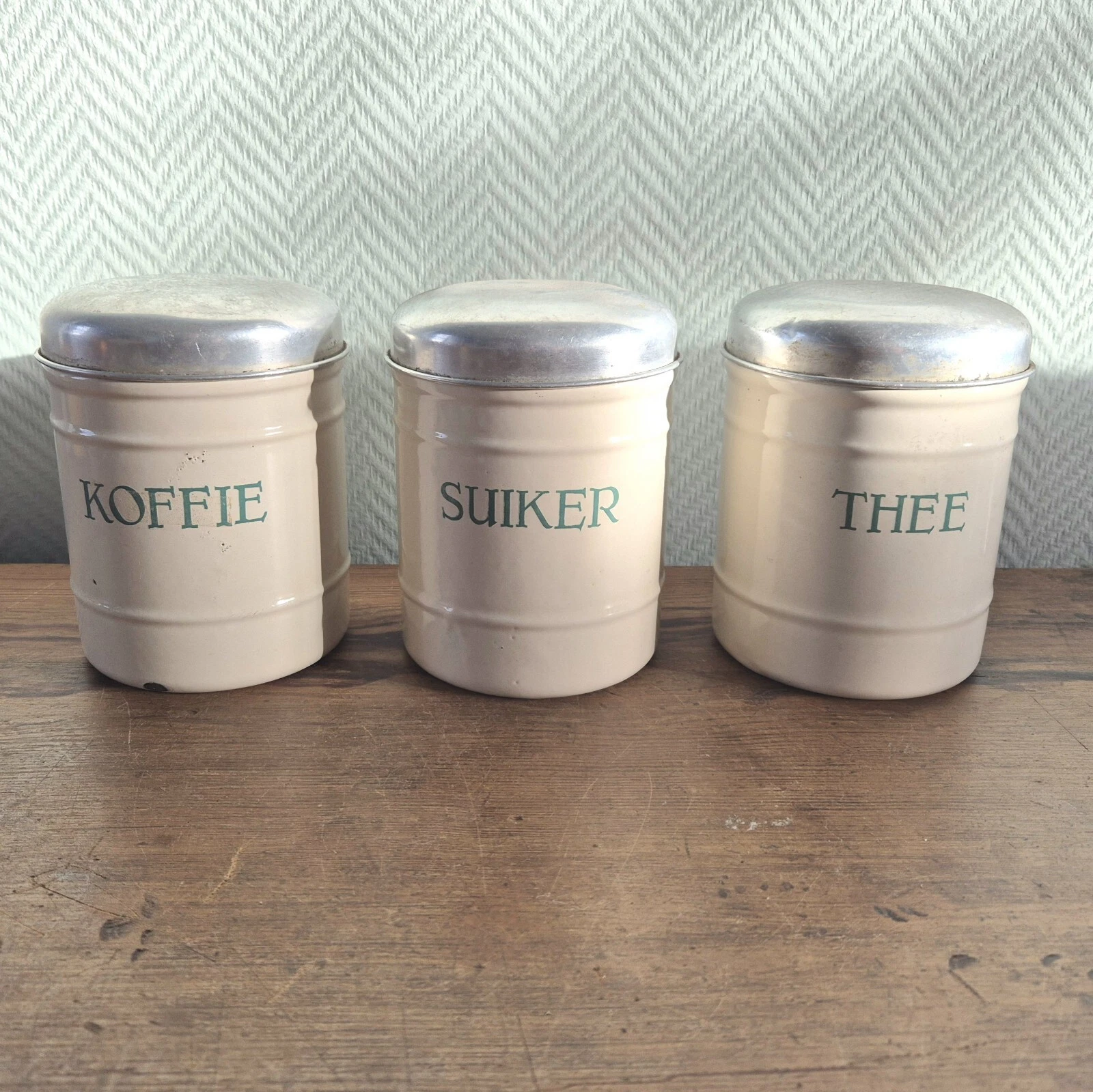 Vtg. CANISTER SET Enamelware Coffee Sugar Tea Offwhite Enamel Storage Jars Pot