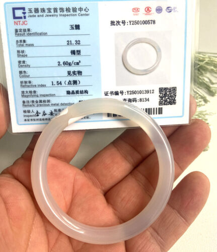 Certified Icy white chalcedony 52.8mm Natural A Jade Bangle Bracelet 3912 - Picture 2 of 4