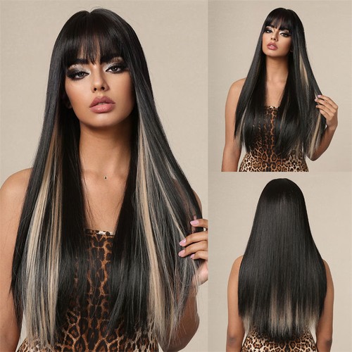 Fiber High Wig Bangs Long Head Silk Straight Hair Gradient Chemical Temperature - Picture 18 of 32