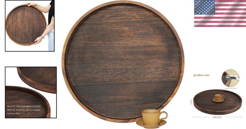 Classic 24" Round Wooden Tray - Rustic Ottoman Serving Tray for Versatile Use - Picture 2 of 9