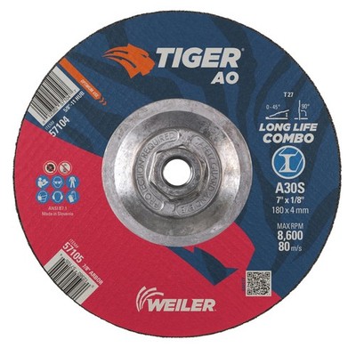 57104 7'' x 1/8'' Tiger Type 27 Cut and Grind Combo Wheel, A30S, 5/8''-11 UNC Nu...