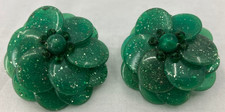 Vintage Confetti Lucite Earrings Green Plastic W Germany Flower Button Clip On