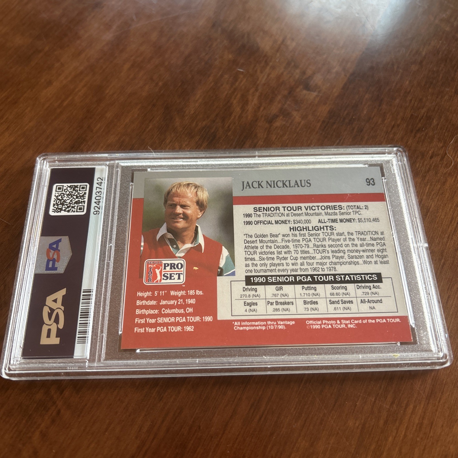 Jack Nicklaus 1990 Pro Set # 93 PSA 10 Gem Mint view 2