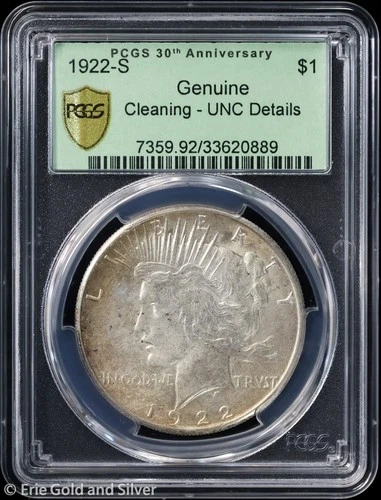 1922-S $1 Peace Silver Dollar PCGS Genuine UNC Details | 30th Anniv Holder