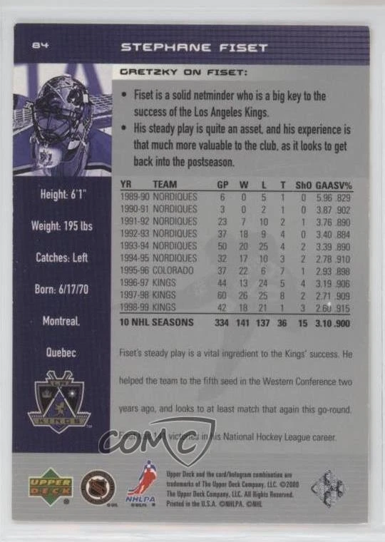 1999-00 Upper Deck Wayne Gretzky Hockey Stephane Fiset #84 - Image 2 of 2