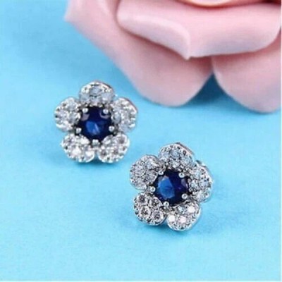 2.50Ct Lab-Created Blue Sapphire Flower Shape Stud Earring 14K White Gold Finish