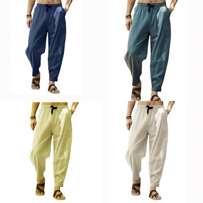 Mens Harem Pants Fashion Wide Leg Polychromatic Cotton Elastic Waist Loose