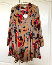Umgee Floral Shift Dress Pleated V-Neck Bell Long Sleeve Taupe Women’s S