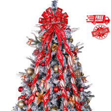 Large Red Velvet Christmas Tree Topper Bow with Gold Letter Pattern 52"x13