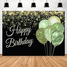 7x5ft Green Happy Birthday Backdrop Glitter Balloons Gold Sparkle Sequins Dot...
