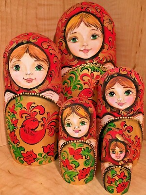 EUROPEAN MATRYOSHKA NESTING DOLL KHOKHLOMA by HVAT RED BIRD 5pc NEW MATTE RARE