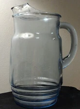 Water Pitcher Blue Glass Rounded Belly Ribbed Hive Bottom Large 10 Cup