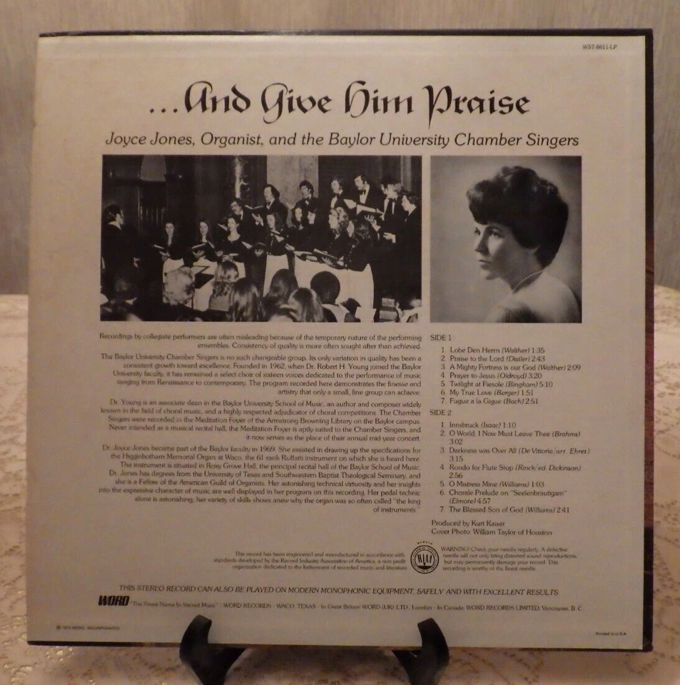 Joyce Jones / Baylor U Chamber Singers ...AND GIVE HIM PRAISE Word WST-8611-LP - Image 2 of 2