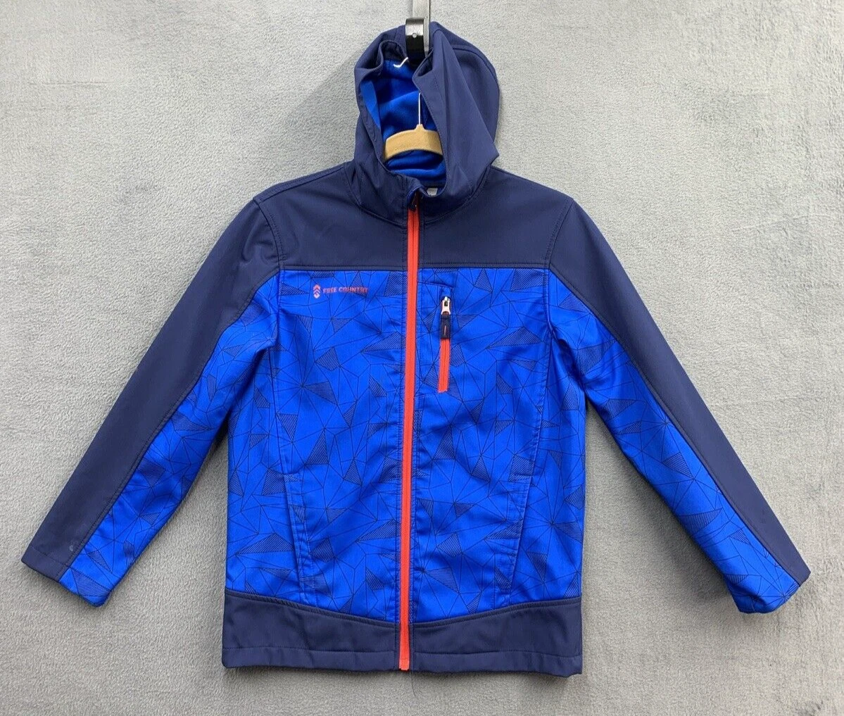Free Country Soft Shell Jacket Hooded Geometric Boys Size XL 10/12 Blue Red Navy