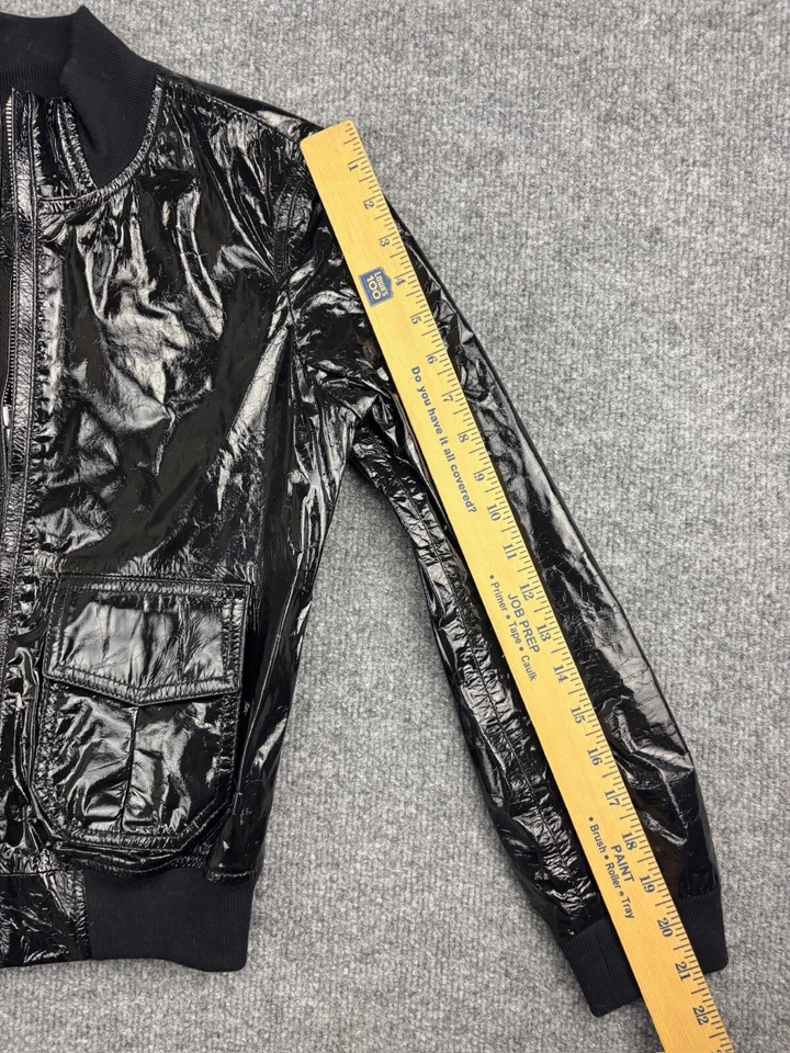 Chaqueta de cuero de piel de cordero R13 para mujer M negra charol cremallera completa bolsillos cuello falso Foto 4 de 4