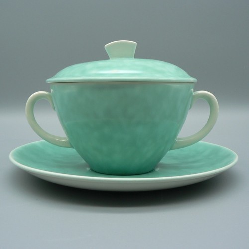 POOLE POTTERY RARE SHAGREEN CONSOMMÉ CUP COVER STAND 1930S DECO LIDDED SOUP BOWL - Picture 4 of 16