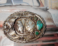 VINTAGE HANDMADE STERLING SILVER BELT BUCKLE 3 3/8 X 2 1/2 IN.  WT. 74.4 GRAMS