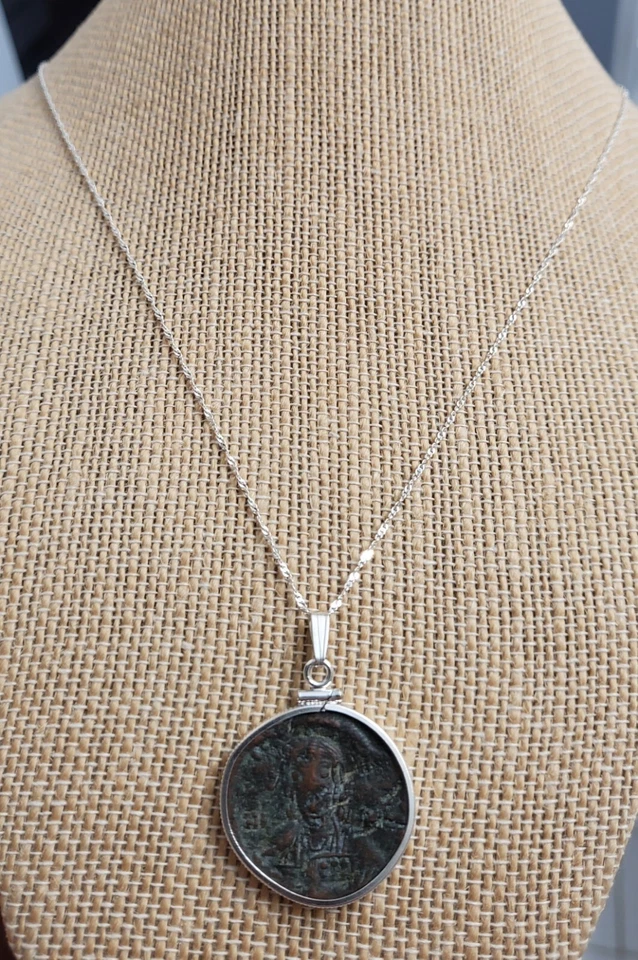Collar de plata maciza colgante moneda retrato de Jesucristo bizantino del Imperio Romano Foto 3 de 4