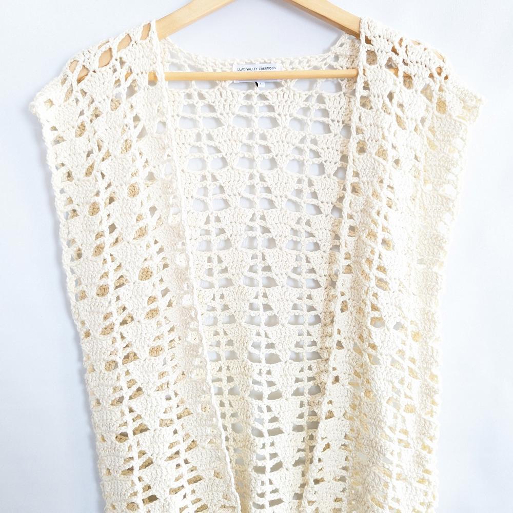 Lilac Valley Creations Boho Fringe Crochet Sweater Vest Large Cream Neutral View 4