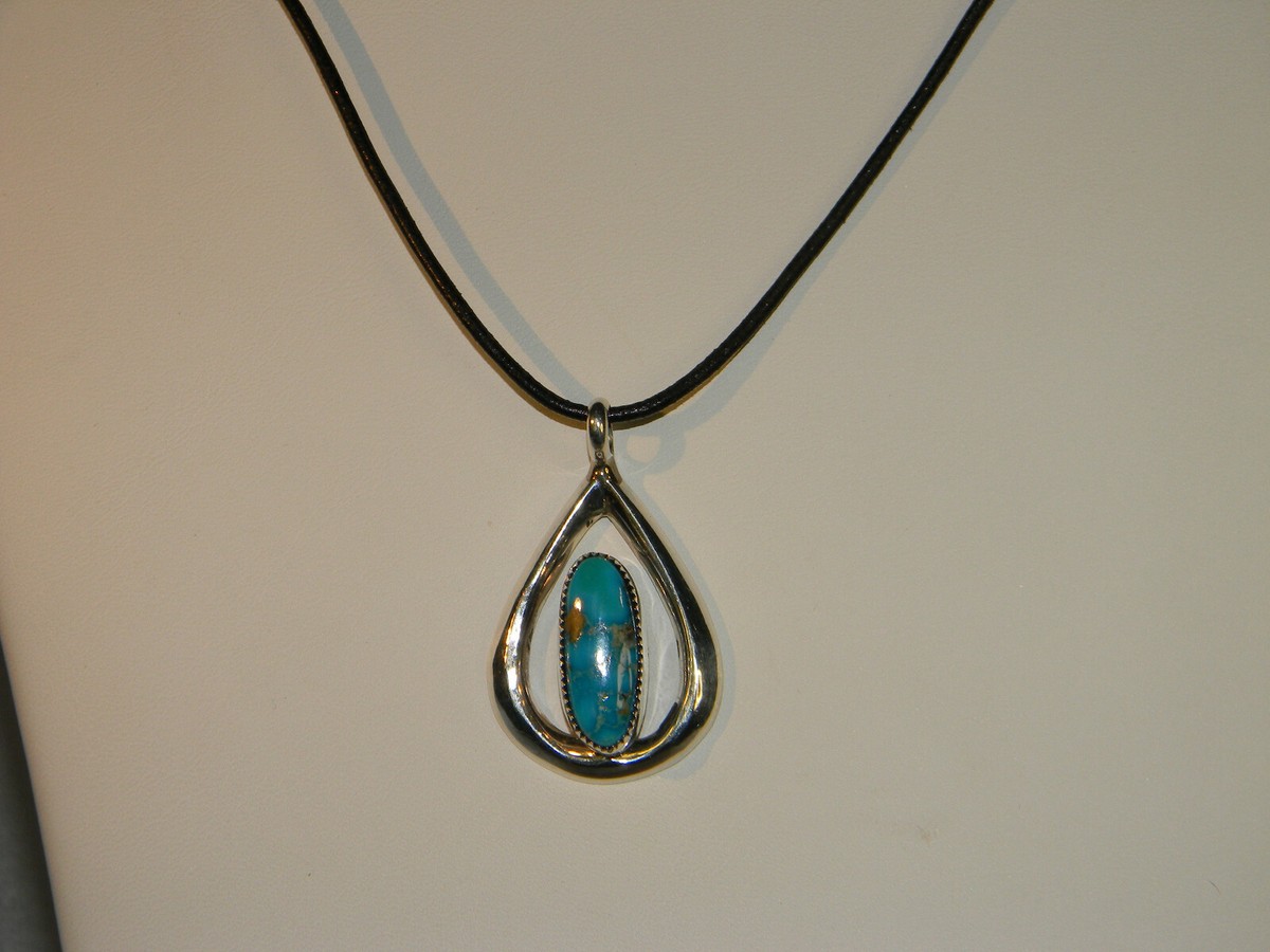 Sterling Silver Turquoise Teardrop Pendant on Black Leather