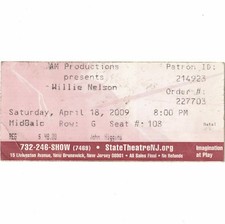 WILLIE NELSON & RAY PRICE Concert Ticket Stub NEW BRUNSWICK NJ 4/18/09 STATE