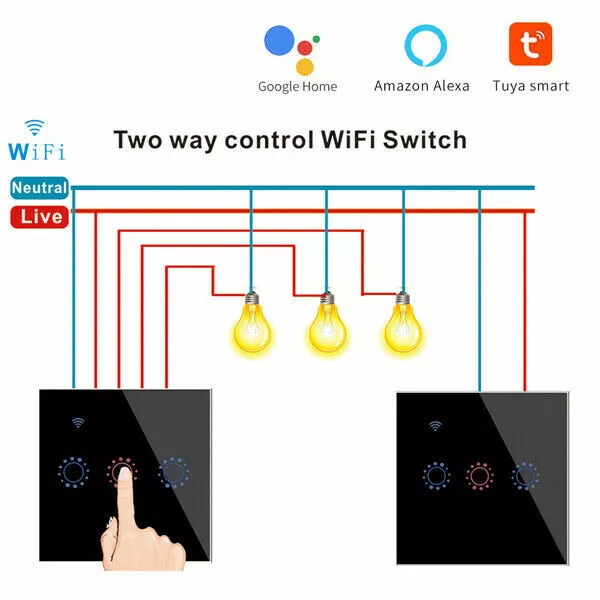 2PCS TUYA Smart Life WiFi Light Switch 1 2 3 Gang 2 Way UK Touch