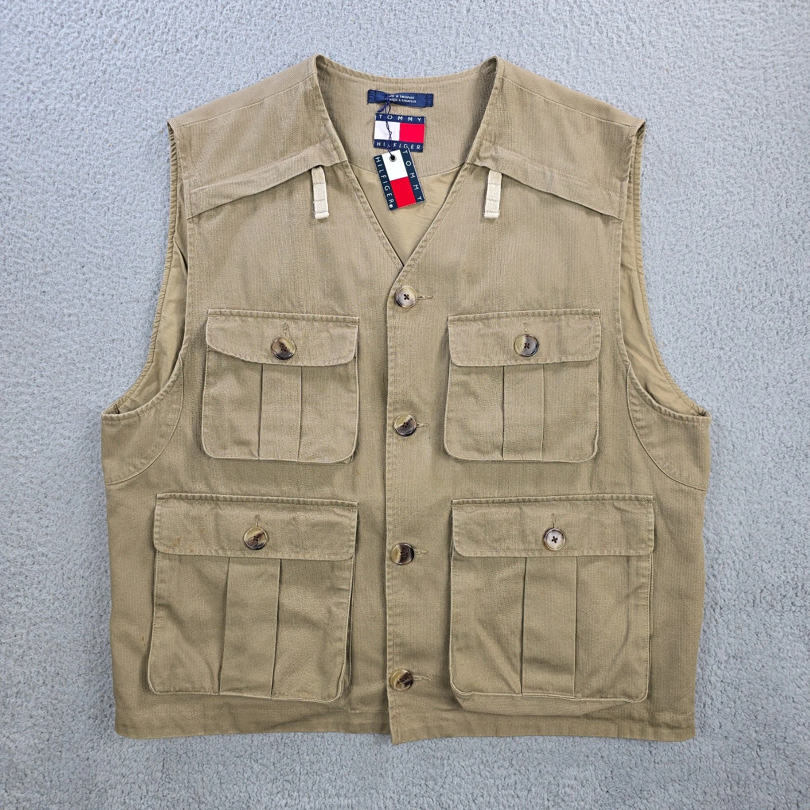 Vintage Tommy Hilfiger Corduroy Hiking Fishing Vest Men's Size Large Tech Tan
