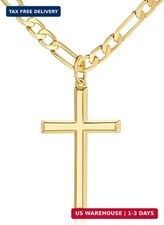 14K Gold Cross Necklace Men Large Pendant 5mm Figaro Chain 24 Inch