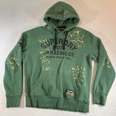 Superdry Hoodie Sweatshirt Mens 2XL Green Distressed Moto Racing Co Discontinued