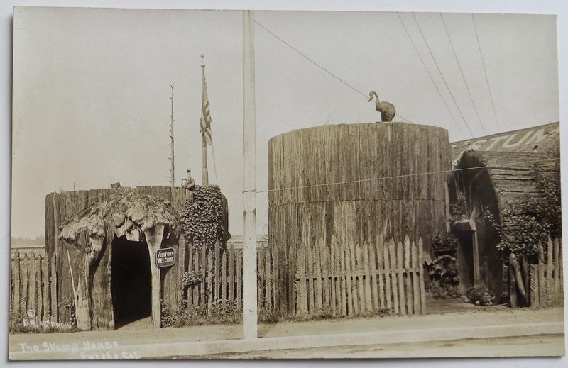 c1930s RPPC Stump House Downtown Flag Eureka Humboldt County