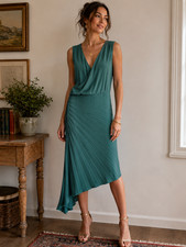 J.Jill Women's Wearever Asymmetrical Pleated Sunburst Style Dress Teal Green L