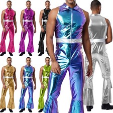 US Mens Shiny Metallic 70s Disco Costume Lapel Collar Sleeveless Flared Jumpsuit