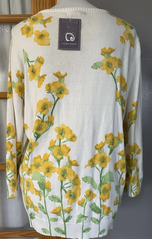 Laura Scott Floral Cardigan Women’s XL White Yellow Button Up Classic Career $42 - Image 4 of 4
