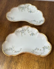 (2) 6" Charles Field Haviland Bone dish W/ Tiny Blue Flowers & Gold Gilt 1880’s