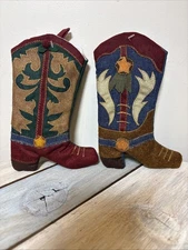 2 Vintage Cowboy Boot Shaped Christmas Stocking Brown Red Blue Green Mini 7”