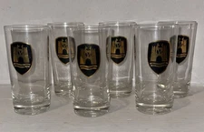 Vintage MCM Crested Gold Castle on Black Highball Glasses Set of 6