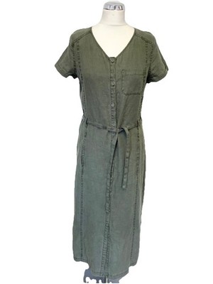 BNWT SEASALT SANDING CONIFER GREEN SHORT SLEEVE BELTED LINEN MIDI DRESS SIZE 8