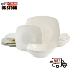 Service for 4 Square 12-Piece Dinnerware Set Bowl & Plate Set White for Kitchen