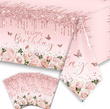Pink Rose Gold Tablecloth Decoration - 3 PCS Happy Birthday Tablecloth Disposabl