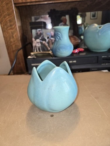 Van Briggle Pottery Tulip Vase - Ming Blue Two Tone - 4" - Signed & Logo