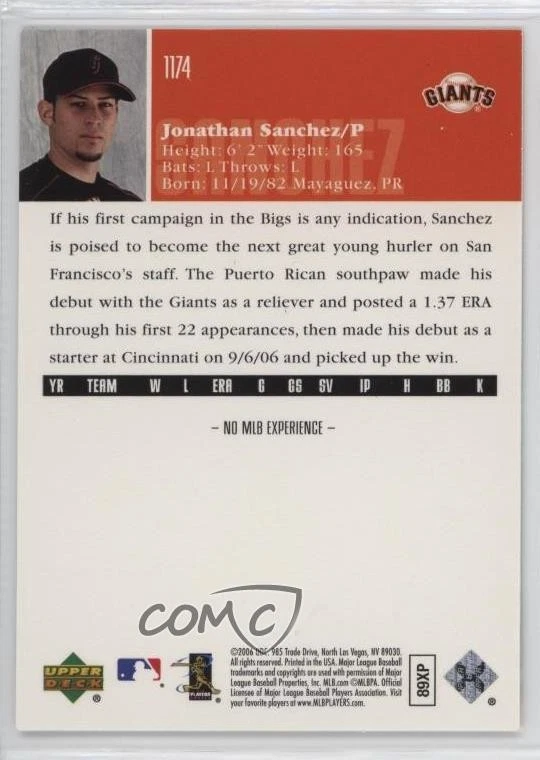2006 Upper Deck Jonathan Sanchez #1174 - Image 2 of 2