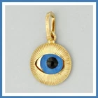 18k Real Yellow GOLD Turkish Greek All Seeing Blue Evil Eye Nazar Pendant Charm