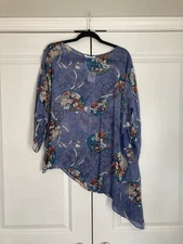 Citron Santa Monica Silk Floral Oriental Asymmetrical Hem Plus Sz 2X Top Blouse