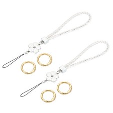 2Pcs Wristlet Lanyards 4.7" Leather Keychain Strap with Flower Charm White
