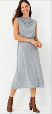 ANN TAYLOR Blouson Flare Dress Sz 2P Gray Shoulder Pleats Cinched Waist Mid-Calf