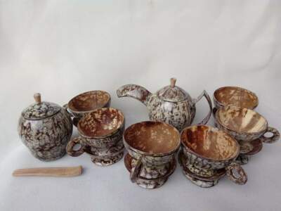 Handmade Coconut Shell Tea Set Jug Tea cups Saucers and Sugar Bowl with spoon