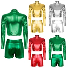 Womens 2PCS Music Crop Top With Shorts Stage Outfit Holographic Dance Set Sexy