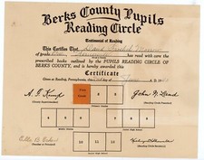Berks Co. PA WW2 ERA 1943 Pupil Reading Certificate David F Morrow Ella Eckert