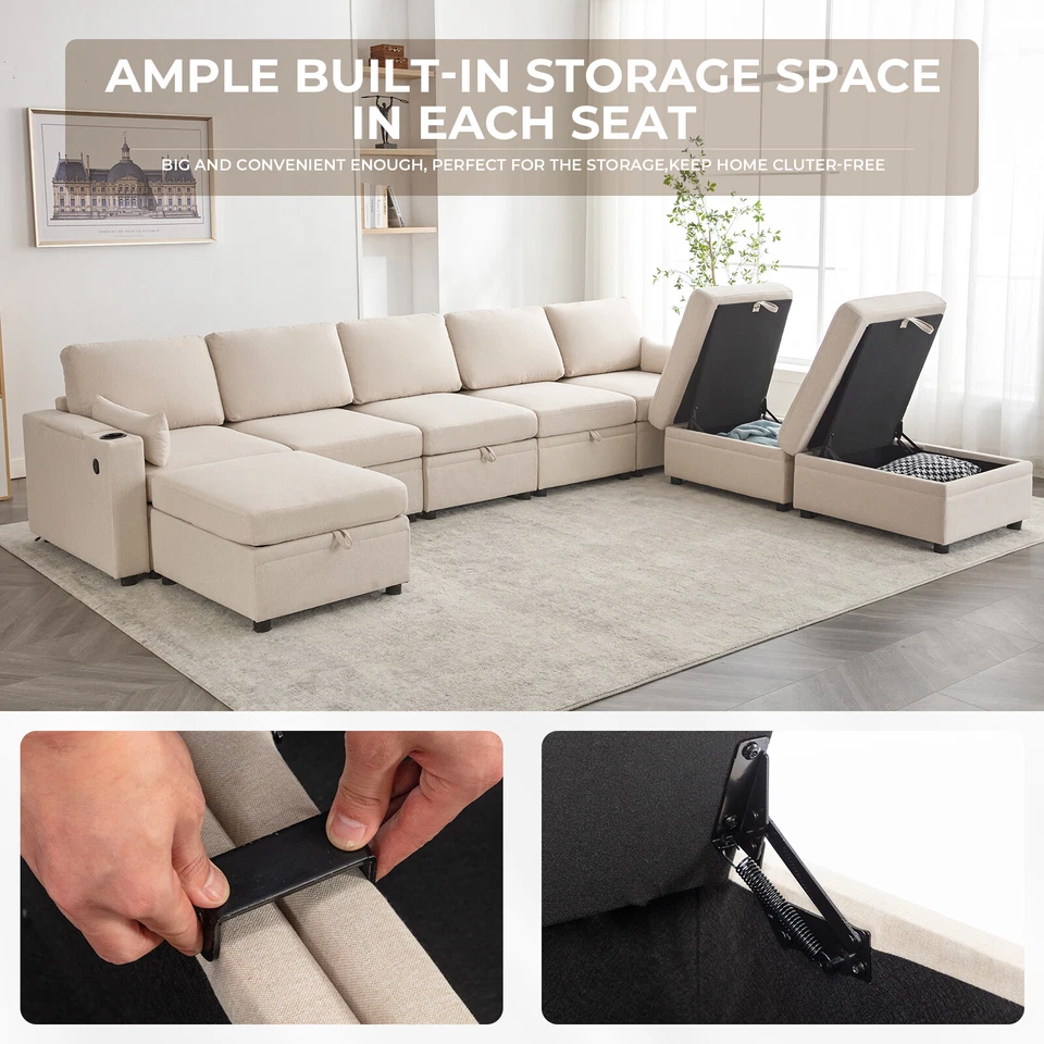 8 Modular Sectional U Shape Couch w/Storage USB Port Cup Holder Reversible Chais - Image 2 of 4